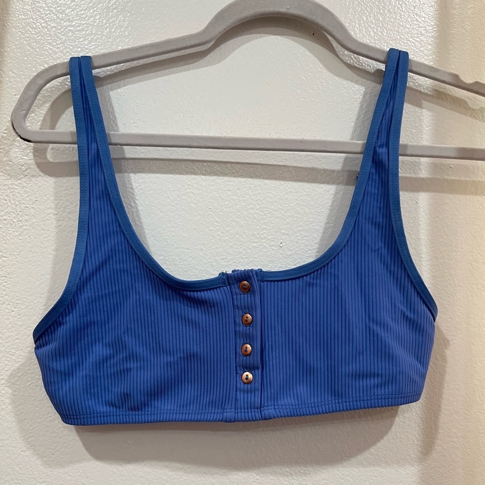 Frankies bikinis ribbed Henley button blue bikini top